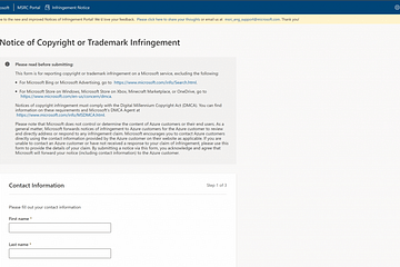 New notices of infringement portal showing the navigation bar, informational content and contact information section