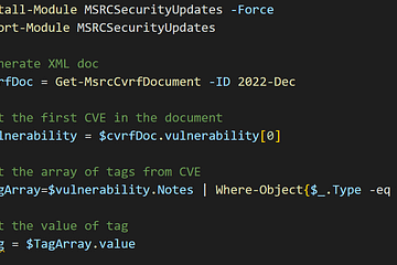 Code snippet demonstrates how to use a PowerShell script to find the tag of the first CVE (unspecified) in a monthly release
