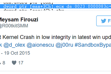 On Oct 19, 2015, @R00tkitSMM tweeted https://twitter.com/R00tkitSMM/status/656214430464786432 about finding a kernel crash that could be triggered from a sandboxed process on Windows.