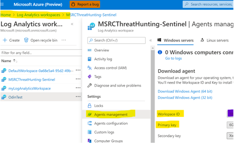 Screenshot of the Azure Portal&rsquo;s Log Analytics Workspace Agents management blade showing that the workspace ID and primary key can be retrieved here, for inclusion in the deployment command.